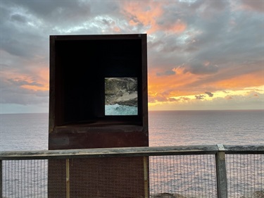 Joel Adler, Viewfinder. Lighthouse Reserve, Vaucluse. Offering spectacular and otherwise unseen views of Sydney’s coastline, innovative sculpture Viewfinder by Joel Adler reflects a view of spectacular rocks and crashing waves directly below the cliff on which it is placed, allowing viewers to form a stronger connection with the area.