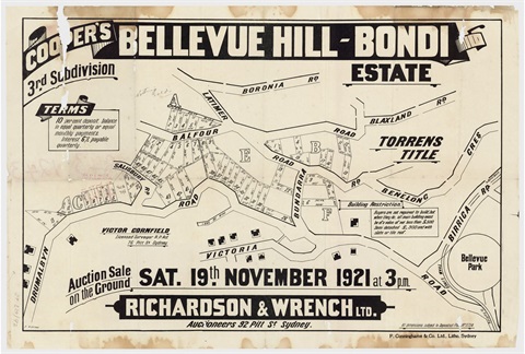 Sales plan for the residue of the third subdivision of the Cooper's Bellevue Hill-Bondi Estate offered for sale in 1921.